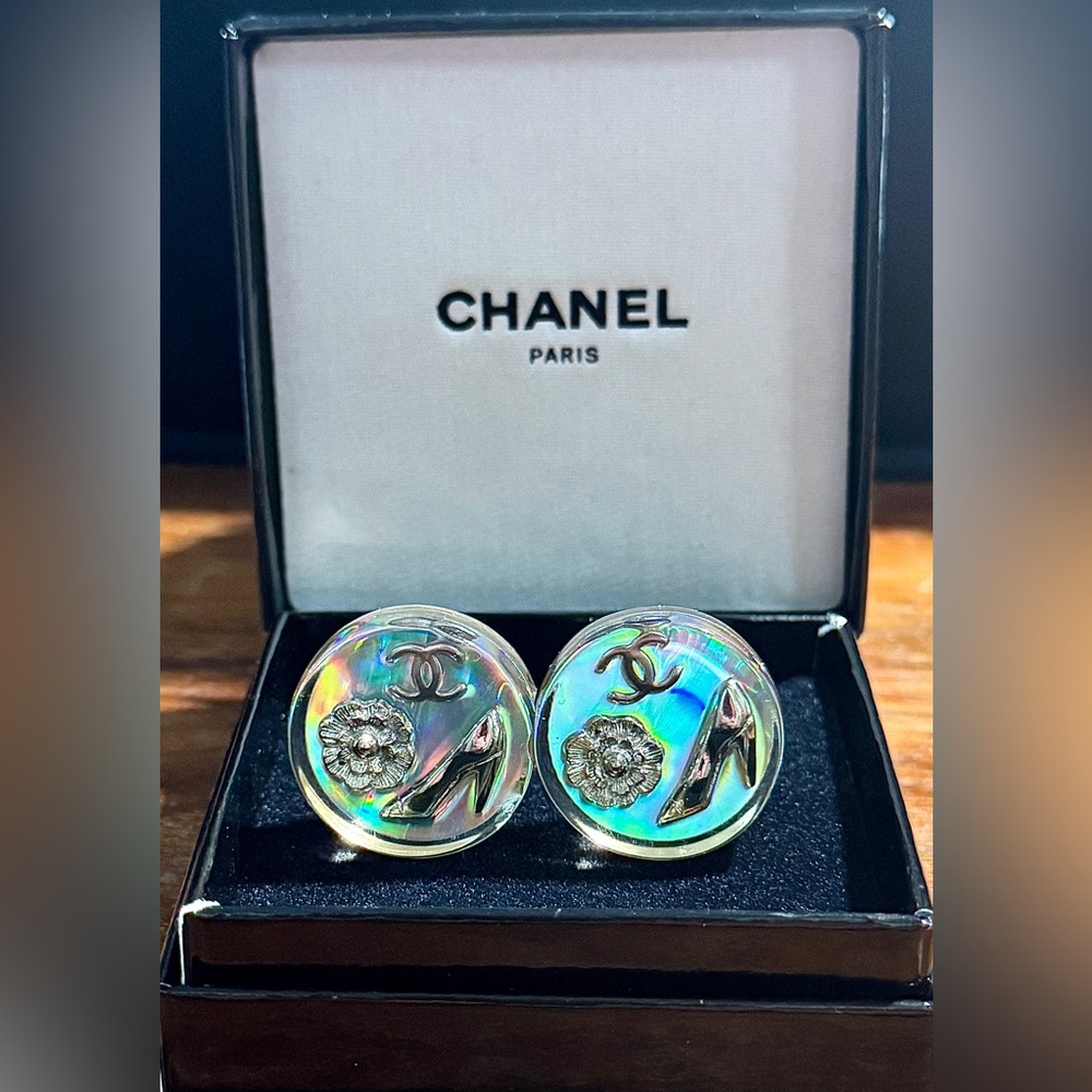 CHANEL Holographic Aurora Earrings Coco Mark High Heels Camelia